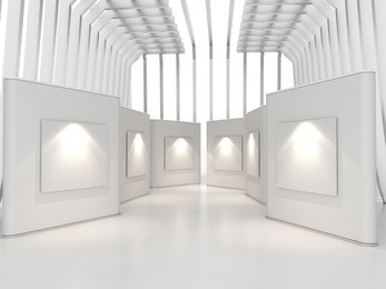 empty room interior with large white canvas on white wall in the gallery, 3d rendering