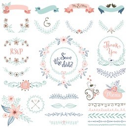 rustic hand sketched wedding elements set. floral doodles, leaves, branches, flowers, birds, laurels, banners and frames. good for save the date cards, wedding invitations and thank you cards.