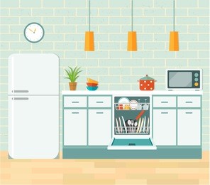 kitchen retro interior with furniture and equipment. vector flat illustration.