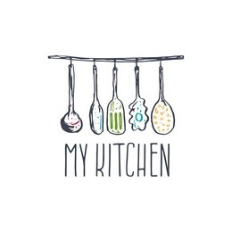 concept hand drawn logo illustration for themed kitchen with utensils. vector template