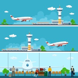 airport horizontal banners, arrivals at and departures from airport, people with luggage in the waiting room, travel concept, flat design,  vector illustration