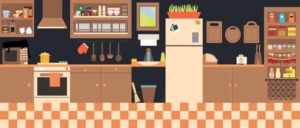 lovely kitchen, vector illustration, lots of different stuff, household in flat style