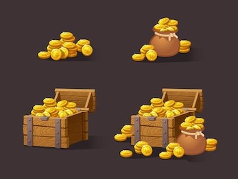 wooden chest set for game interface. vector illustration. treasure of gold coins on dark background: closed, empty, chestes with golden coin.icons cartoon coins for web. stack,bag.