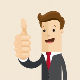 man in suit shows a sign thumb up. vector, flat, illustration