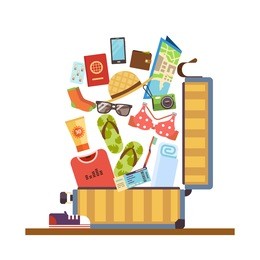 open suitcase with things for travel or vacation. charges for the road. vector flat design illustration