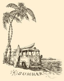 surf van on the beach vector sketch