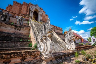 ancient pagoda at wat chedi luang temple 700 years in chiang mai, asia thailand