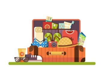 open suitcase with things for travel or vacation. set of things for travel. vector flat design illustration