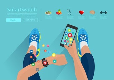 fitness woman hand with wearing watchband touchscreen smartwatch, holding mobile phone with applications icons flat design ideas concepts living healthy life, vector illustration layout template
