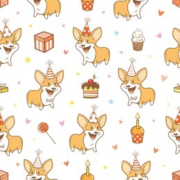 seamless pattern with cute cartoon dogs breed welsh corgi pembroke on  white  background.  birthday gifts, balloons, sweets and party hats. children's illustration. vector little puppies.