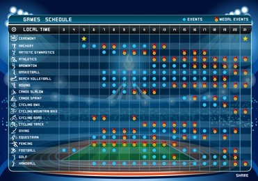 summer games sport schedule table 1 of 2 pages template. athletics gymnastics soccer swimming basketball equestrian icons pictograms. sport schedule table events vector illustration