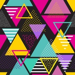 seamless geometric pattern in retro 80s style. pop art triangles. fashion style  pattern illustration background. ideal for fabric design, paper print and website backdrop. eps10 vector file.