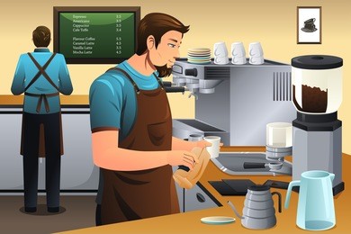 a vector illustration of barista preparing drip coffee in cafÃ?Â©