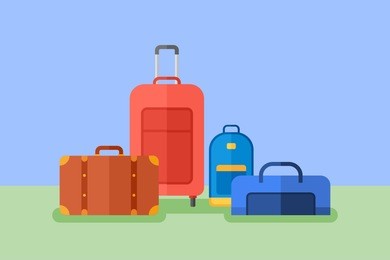 baggage flat style horizontal banner. travel bag, suitcase, luggage case, backpack. vector illustration.