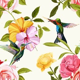 humming bird, chinese and classic roses on white. seamless background pattern. hand drawn elements. vector - stock.