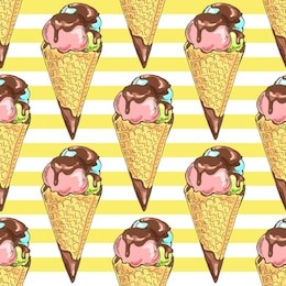 cold ice cream with chocolate, in waffle cones on yellow background; sweet summer print for notebook cover, posters, postcards, banners; cute hand drawn vector seamless pattern in sketch style