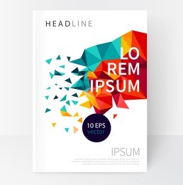  white cover brochure design. flyer, booklet, annual report cover template. modern geometric rainbow, multicolor, bright abstract background.scatter triangles. vector-stock illustration