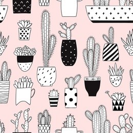 seamless pattern with black and white cactus and succulents on pink background. vector print with cactuses succulents in minimalistic geometric scandinavian style. cute vector tile template