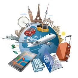 concept illustration of travel around the world famous landmarks by transport air, car, train