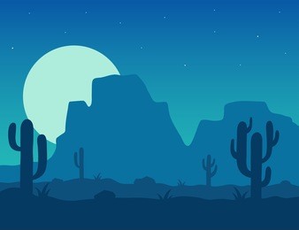 desert landscape under the night sky vector illustration. night desert area with silhouettes of stones, cacti, plants and mountains. background mexico or arizona desert under the moon. 