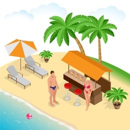 summer concept of sandy beach. beach summer couple on beach vacation holiday relax in the sun on their deck chairs under a yellow umbrella. flat 3d vector isometric illustration.
