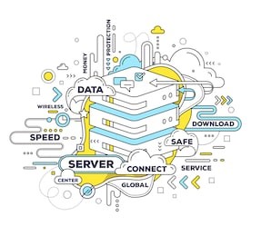 vector creative illustration of cloud storage with data server, tag cloud on white background. cloud storage technology concept. hand draw thin line art style design with data server for cloud storage