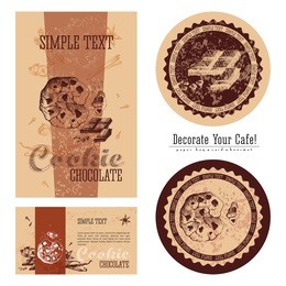 chocolate biscuit and cookie, eco-friendly packaging design and execution of a cafe, a paper bag, business card, sticker and beermat. decorate your cafe.