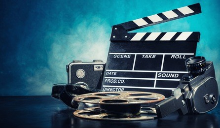 retro film production accessories still life. concept of filmmaking. smoke effect on background