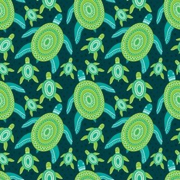 seamless vector pattern with green ornament turtles. sea reptile animal illustration background.