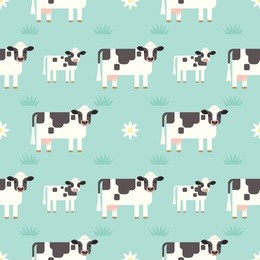 vector seamless pattern with cute flat style cows isolated on soft blue background.
