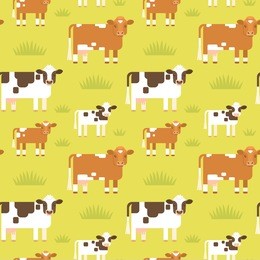 vector seamless pattern with cute flat style cows isolated on green background.