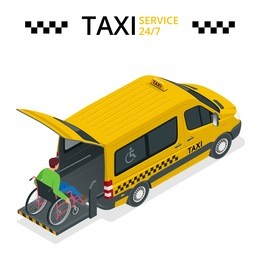 minibus for physically disabled people. taxi or car for man on wheelchair. vehicle with a lift. flat 3d vector isometric illustration.  taxi service 24h concept. 