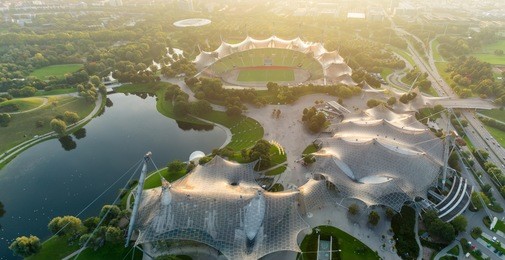 soft evening light behind the stadium