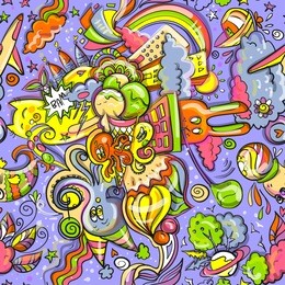 trendy seamless images in the style of doodle art. summer mix of animals, ice cream, sweets and rainbow. fun texture, cartoon style