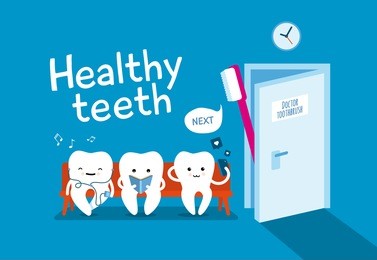 teeth on couch and toothbrush on blue background. healthy teeth. good morning