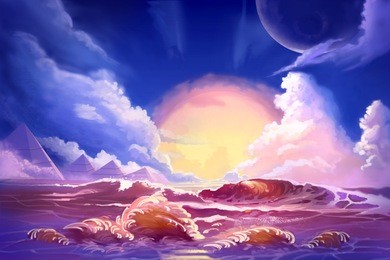 scenery of alien planet from sea. video game digital cg artwork, concept illustration, realistic cartoon style
