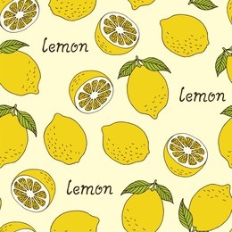 seamless citrus pattern, hand drawn lemons on yellow background, vector illustration