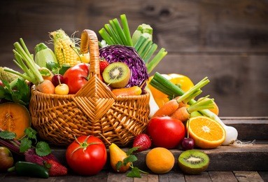 fresh fruits and vegetables in the basket