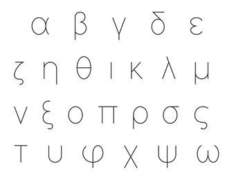 greek alphabet letters, font set, outlined, black isolated on white background, vector illustration.