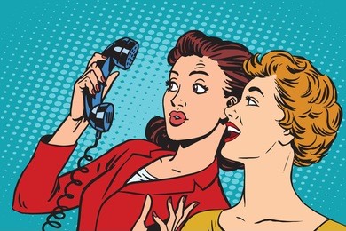 two girlfriends and a telephone pop art retro vector. retro smartphones and communication