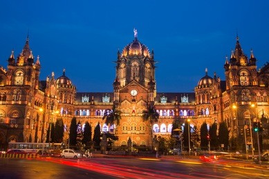 chatrapati shivaji terminus earlier known as victoria terminus in mumbai, india. ninght panorama 