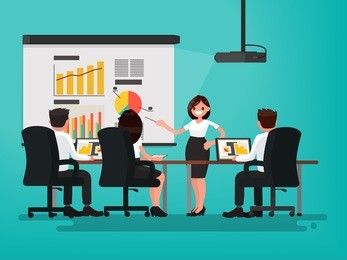 business meeting. presentation of the project. a woman speaks before his colleagues. vector illustration of a flat design