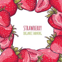 vector frame with red strawberries on white background. summer background with illustration of organic farm berries. design for banner, poster, invitation or greeting card, labels or packages. 