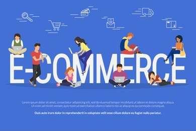 e-commerce concept illustration of young people using mobile gadgets such as laptop, tablet and smartphone for online purchasing and ordering goods via internet. flat guys and women near letters