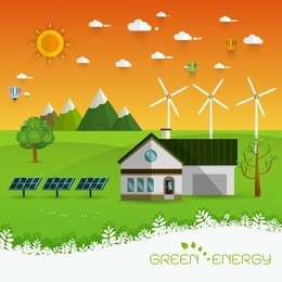 green energy an eco friendly house - solar energy, wind energy,urban landscape,vector concept illustration.