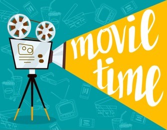 movie time concept.creative template for cinema poster, banner  in retro cartoon style.vector illustration of film projector  with film reels and lettering