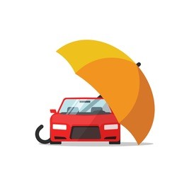 car insurance vector concept, auto protection, flat cartoon car protected with umbrella illustration, automobile safety icon isolated on white background
