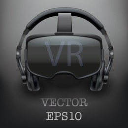 background with original stereoscopic 3d vr headset and headphones. front view. vector illustration.