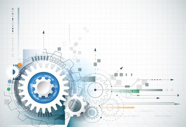 abstract technology background. vector gear wheel, hexagons and circuit board, abstract hi-tech, engineering, machine, technology concept. abstract futuristic technology on light blue color background