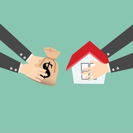 hands holding money and a house vector. housing industry mortgage plan and residential tax saving strategy